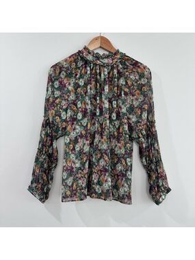Zara high neck 3/4 sleeve ruffle floral sheer top large multicolor purple orange